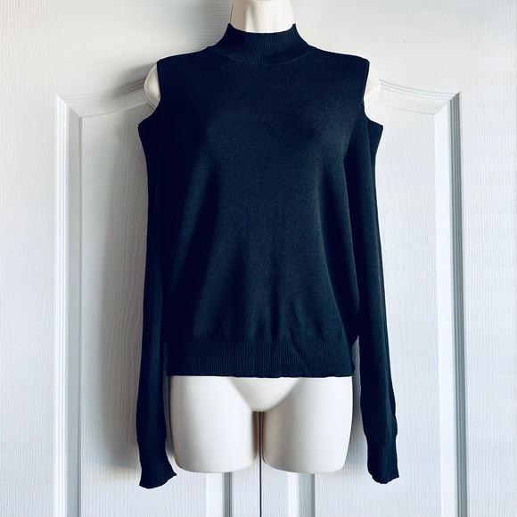 Nordstrom 360 Sweater Mock Neck Cold Shoulder Sleeve Rib Knit Italian Yarn - Picture 2 of 8